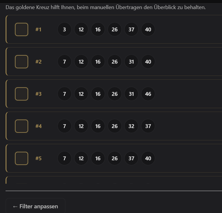 Konkrete erzeugte Reihen aus LottoLogiX Pro